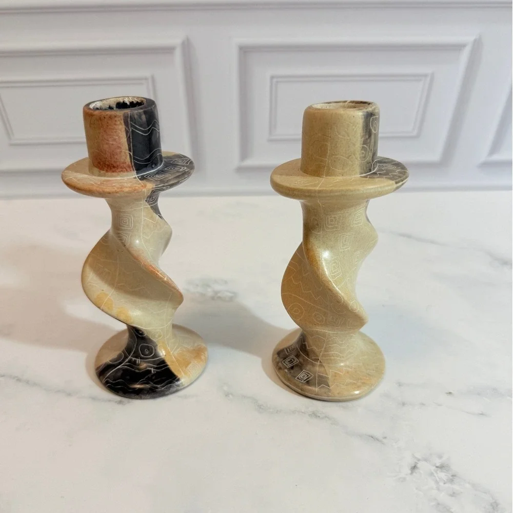 VTG PAIR (2) Hand Carved Geometric Etched Swirled Stone 5
